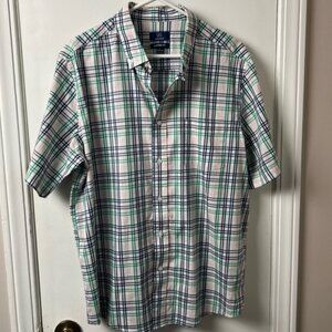 George- Men’s Short Sleeve Button Down- White Pink Green Plaid- Large